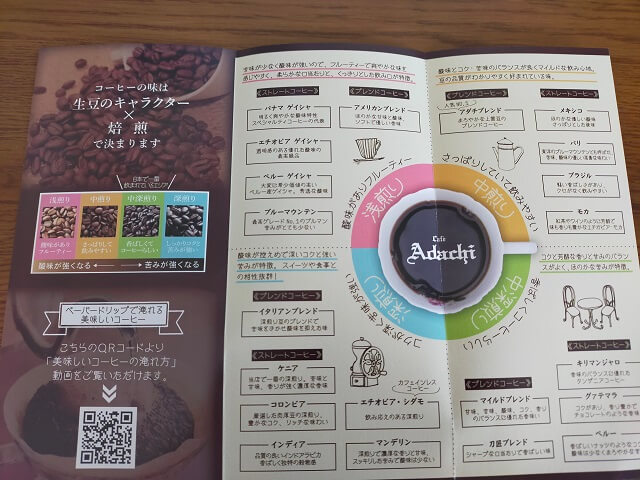 フェ・アダチのコーヒー豆を説明しているパンフレットの写真